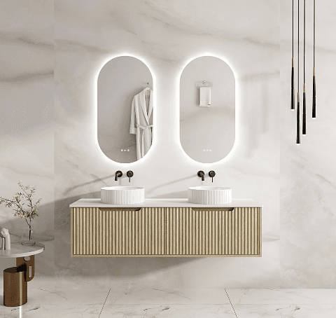 Rhea 1500mm Fluted Wall Hung Vanity Natural Oak with 1500mm Stone Top