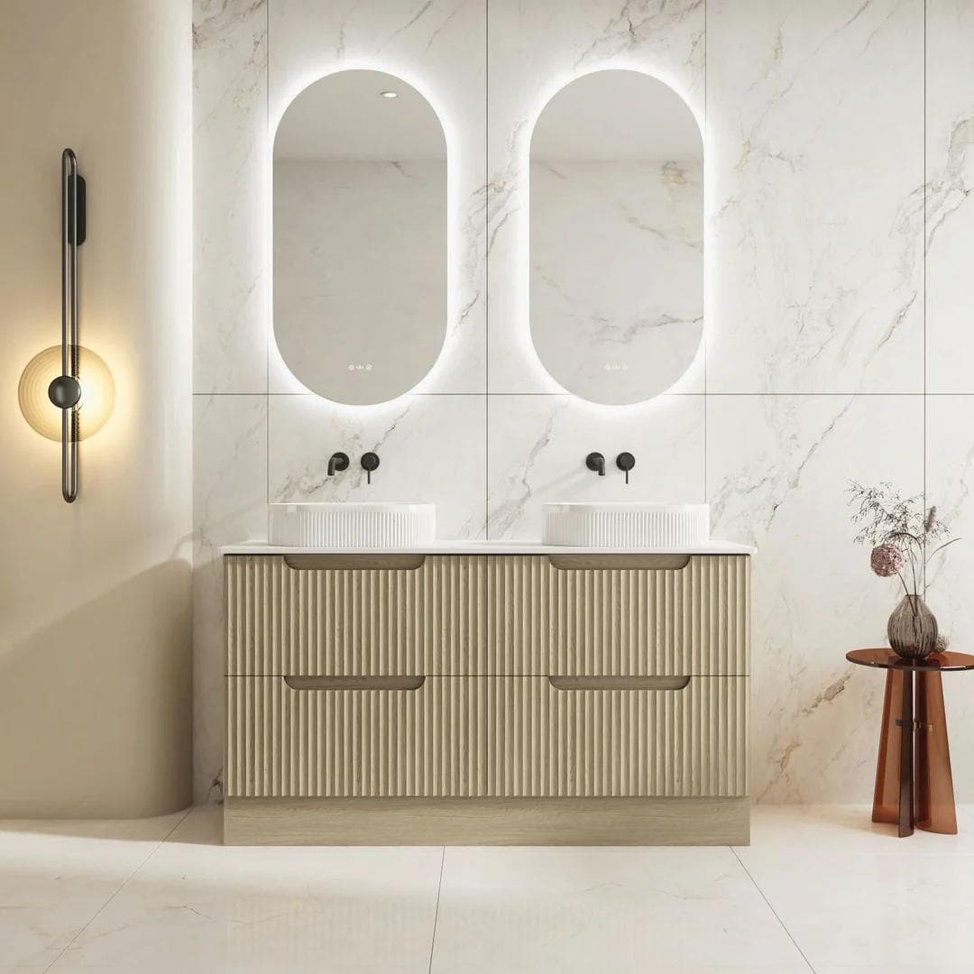 Rhea 1500mm Fluted Free Standing Vanity Natural Oak with 1500mm Stone Top