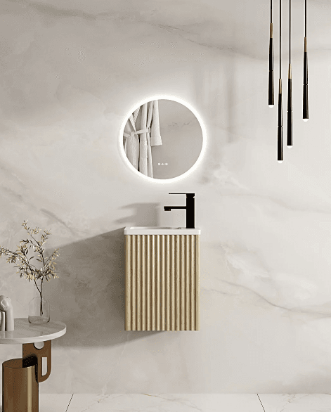 Rhea 400mm Fluted Wall Hung Vanity Natural Oak with Gloss White Basin
