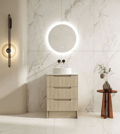 Rhea 600mm Fluted Freestanding Vanity Natural Oak with Stone Top