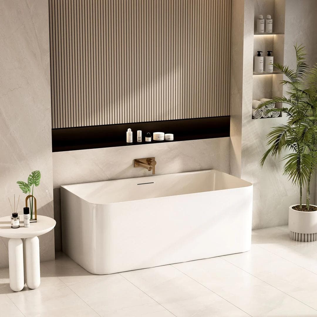 Bullion 1500mm Ultra Thin Back to Wall Bathtub Gloss White with overflow