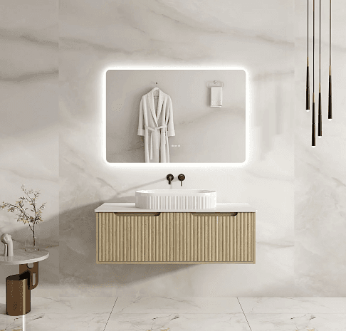 Rhea 1200mm Fluted Wall Hung Vanity Natural Oak with 1200mm Stone Top