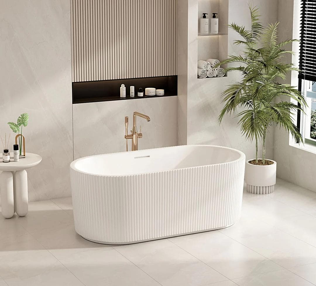 Rose 1500mm Fluted V-Groove Freestanding Matt White Bathtub WITH OVERFLOW