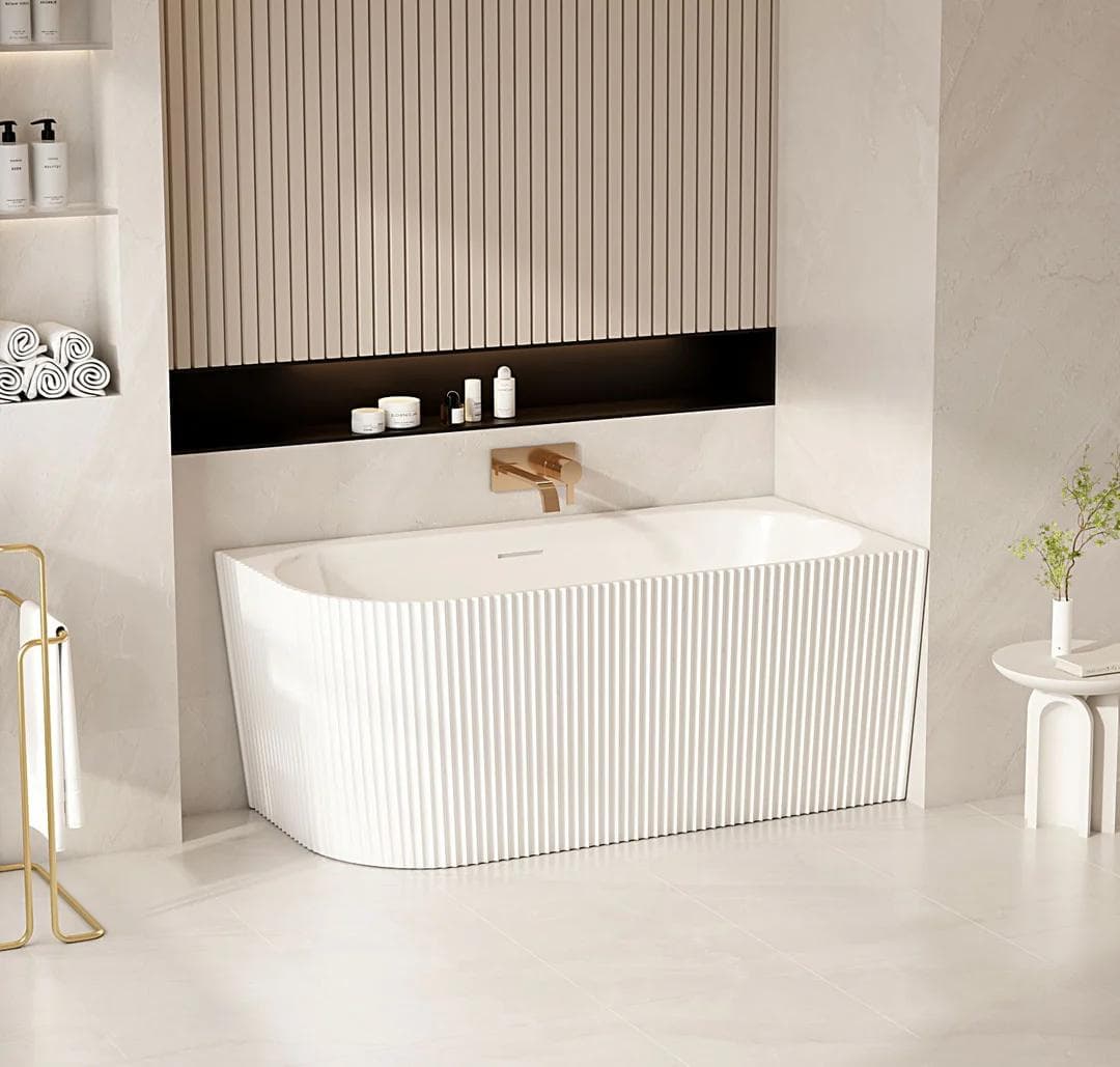 Rose 1500mm V-Groove Right Hand Corner Matt White Bathtub WITH OVERFLOW