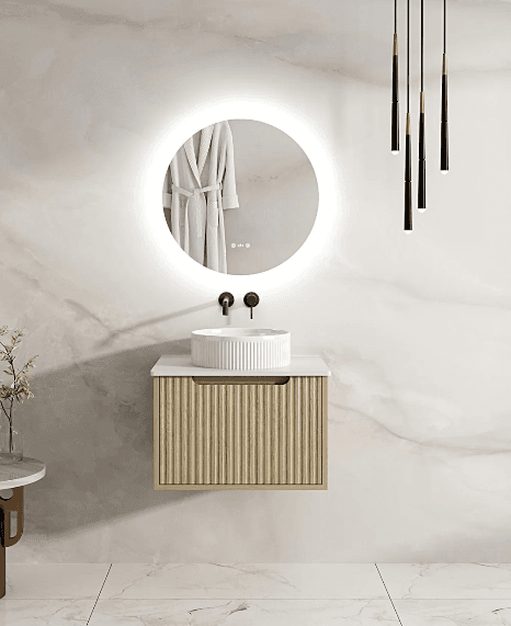 Rhea 600mm Fluted Wall Hung Vanity Natural Oak with Stone Top