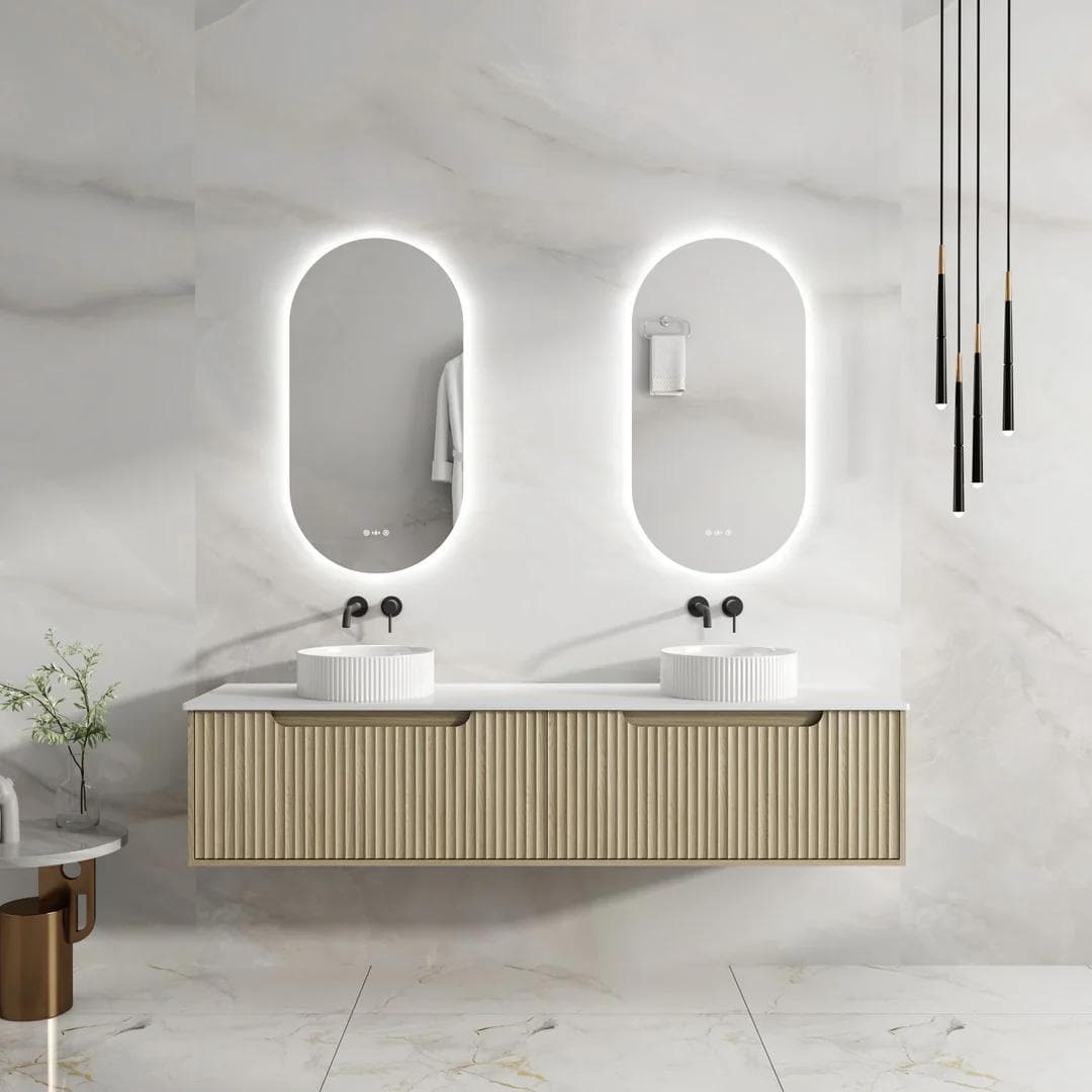 Rhea 1800mm Fluted Wall Hung Vanity Natural Oak with 1800mm Stone Top