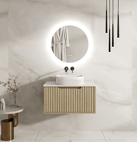 Rhea 750mm Fluted Wall Hung Vanity Natural Oak with 750mm Stone Top