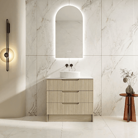 Rhea 900mm Fluted Freestanding Vanity Natural Oak with 900mm Stone Top