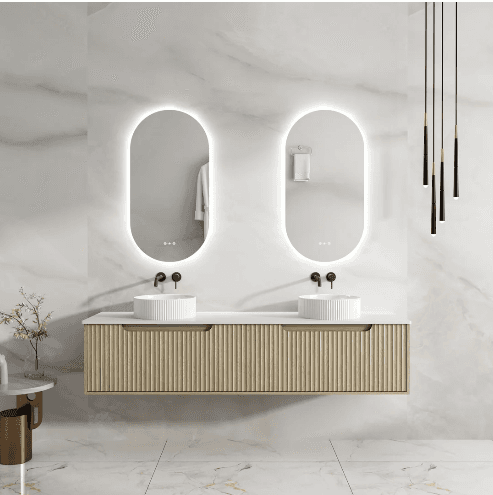 Rhea 1800mm Fluted Wall Hung Vanity Natural Oak with 1800mm Stone Top