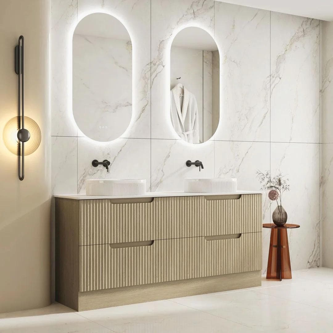 Rhea 1800mm Fluted Free Standing Vanity Natural Oak with 1800mm Stone Top