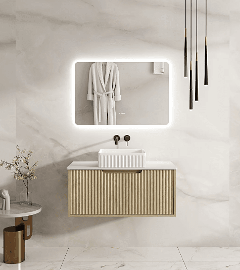 Rhea 900mm Fluted Wall Hung Vanity Natural Oak with Stone Top