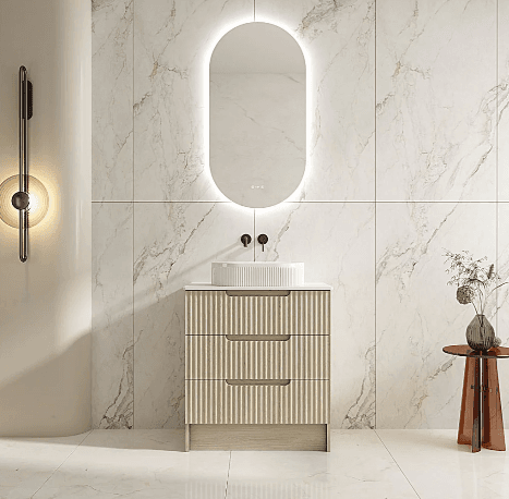 Rhea 750mm Fluted Freestanding Vanity Natural Oak with 750mm Stone Top